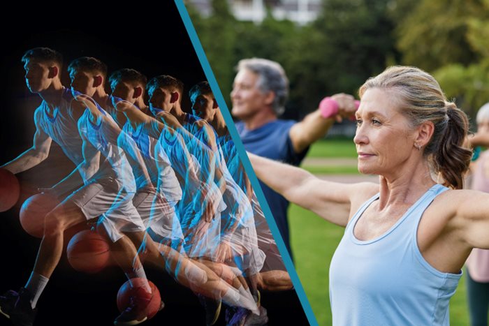 Gruppo di persone mature che fanno esercizi di manubri in un parco e sequenza stroboscopica di un giocatore di pallacanestro in penetrazione